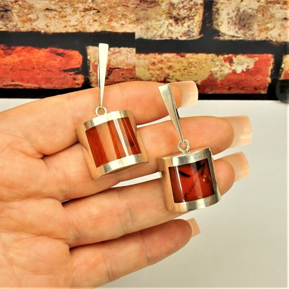 UNIQUE MODERNIST BIG AMBER STERLING DANGLE EARRINGS, GIFT FOR WOMEN